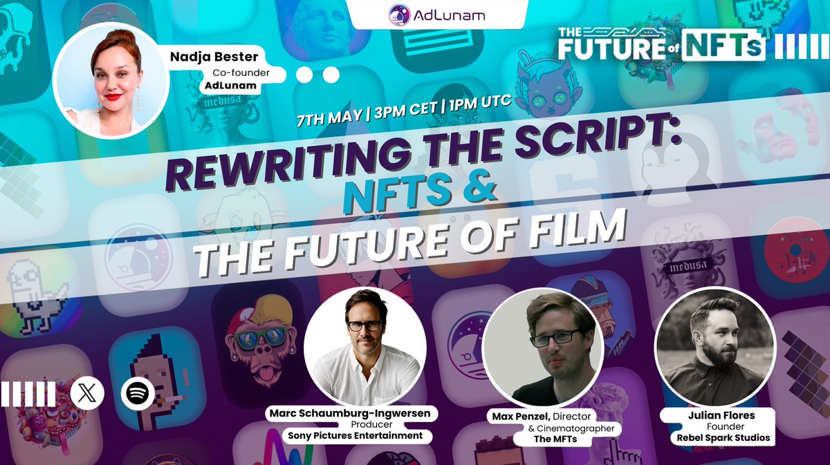 🎥Roll cameras, hit record, it's #TFON time at #AdLunam Explore #web3 filmmaking with our guests 👇 🎙 @SchaumburgMarc - Producer, @SonyPictures 🎙 @julian_flores - Founder, Rebel Spark Studios 🎙 @MaxPenzel - Director, @therealmfts 🗓 May 7th - 3PM CET…
