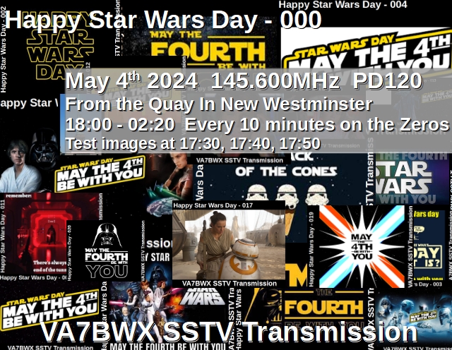 VA7BWX's tweet photo. Star Wars SSTV (2024/05/04 : 18:00-02:20)
May the FOURTH is Star Wars day . . . . . get it, May the FORCE be with you🤣
SSTV Tx from the Quay in New Westminster on 145.600 MHz using PD120
Tx every ten mins on the zeros. 6:00pm, 6:10, 6:20, 6:30, etc on 145.600 FM Simplex. https://t.co/bUltH6xYOk