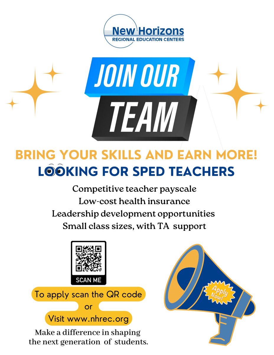 Empower the Future by making a difference everyday! Join Our Team of Special Education Teachers and Teacher assistants to make a Meaningful Impact day to day! Apply now @ loom.ly/rk027lU #shapingthefuture #impact #leadboldly #wearenewhorizons