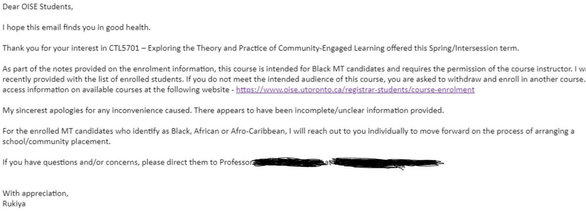 Still trying to confirm this is authentic, but the @UofT subreddit is in an uproar because a student was told to disenroll from a course because ''this course is intended for Black candidates'' only candidates who identify as ''Black, African, or Afro-Caribbean'' may enroll