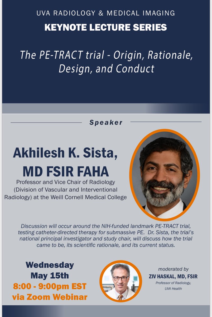 Our next Keynote Lecture: Prof Sista with the big overview on driving prospective critical data on next stage Pulmonary Embolism Interventions-- and his leadership of the PE-TRACT Trial May 15 8pm EST (20:00hr) virginia.zoom.us/j/95682279206?…
