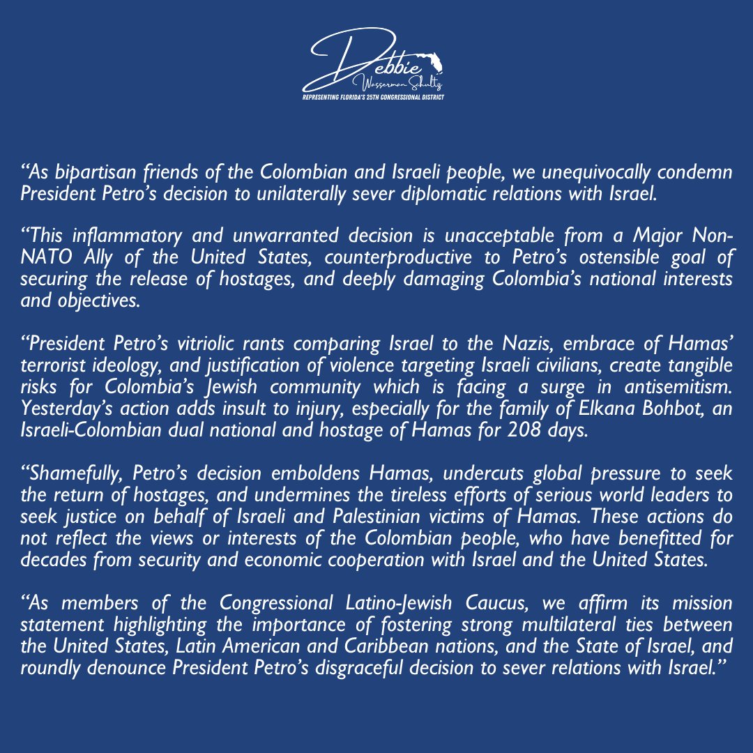 My Latino-Jewish Caucus colleagues @MarioDB, @RepTonyGonzales, @RepEspaillat @RepCuellar, @RepMariaSalazar and I condemn 🇨🇴 President Petro cutting ties with Israel. Petro's antisemitism emboldens Hamas and it is clear he does not speak for all Colombians. Our full statement 👇