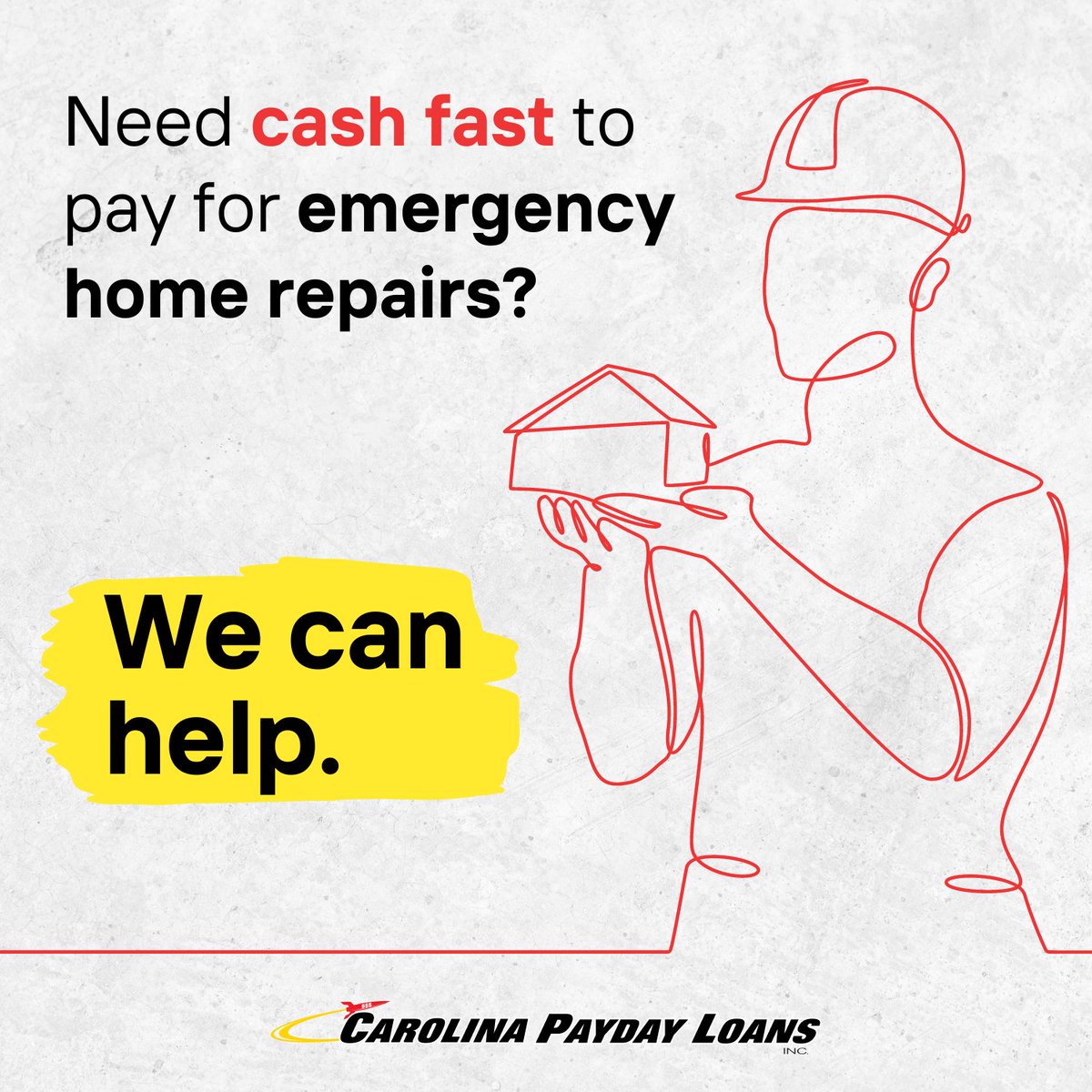 Need emergency cash immediately for home repairs in SC? 🏠🔧💲 We can help you get a same-day cash advance online or in-store! Visit our website to learn more: carolinapaydayloansinc.com 

#money #SouthCarolina #emergencyservices #emergencypreparedness #loans #CarolinaPaydayLoans