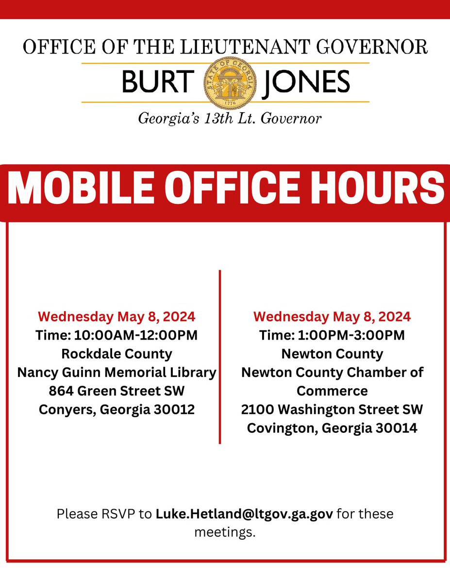 This coming Wednesday, May 8th, our field reps are hosting Mobile Office Hours in Rockdale and Newton Counties! Stop by, bring your questions, and let us know how we can better support your community! More info below ⬇️ #gapol