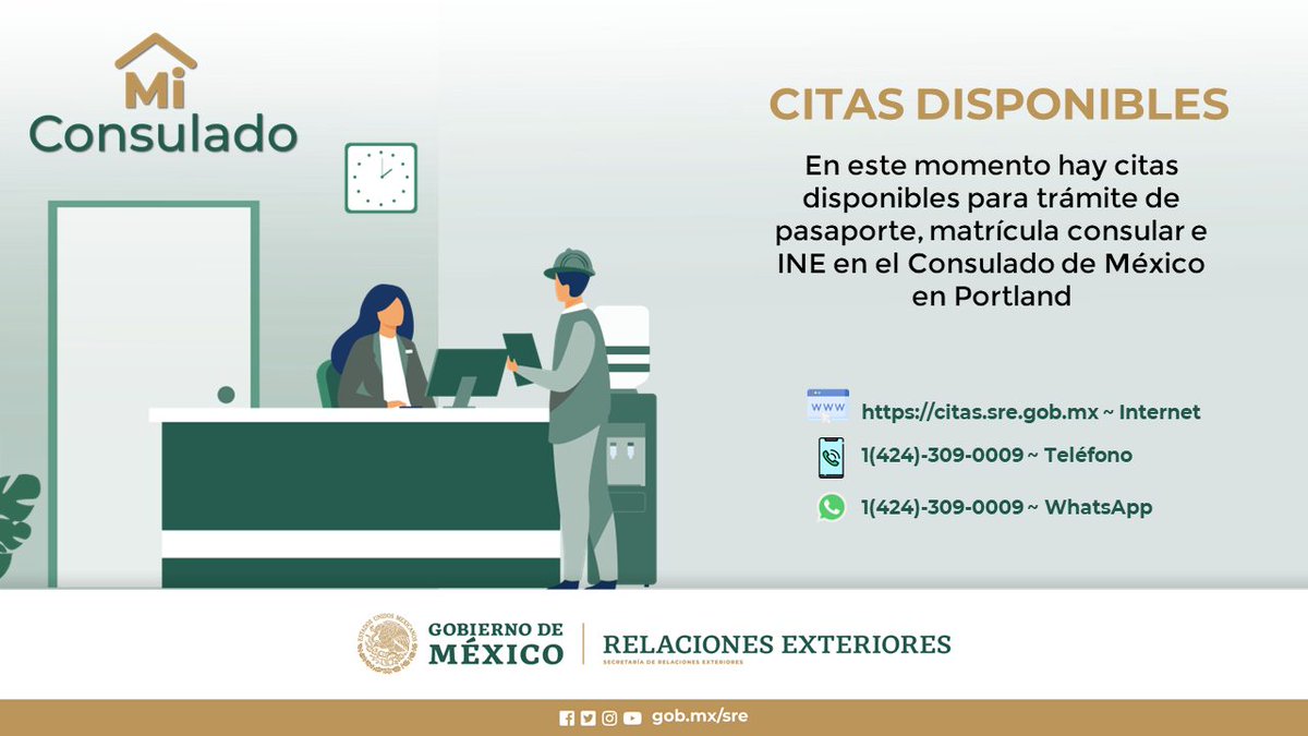 ⚠️ Aviso al Público ‼️ 📢 ¡CITAS DISPONIBLES!
En estos momentos tenemos citas disponibles para la semana del 6 al 10 de mayo.
Citas a través de MiConsulado👇🏻👇🏻👇🏻
📞 424.309.0009
🧑🏻‍💻👩🏻‍💻 citas.sre.gob.mx
⚠️ Recuerda que agendar una cita es totalmente gratis.