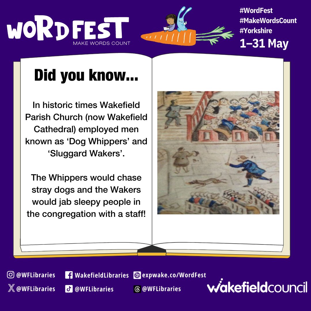 📚🐶Did you know @WakeCathedral once employed 'Dog Whippers' and 'Sluggard Wakers'?

#makewordscount #wordfest #libraries #wakefield #festival

@ouryear2024 @mywakefield @wfmuseums @wkfdhistsoc @wakefieldcivicsoc