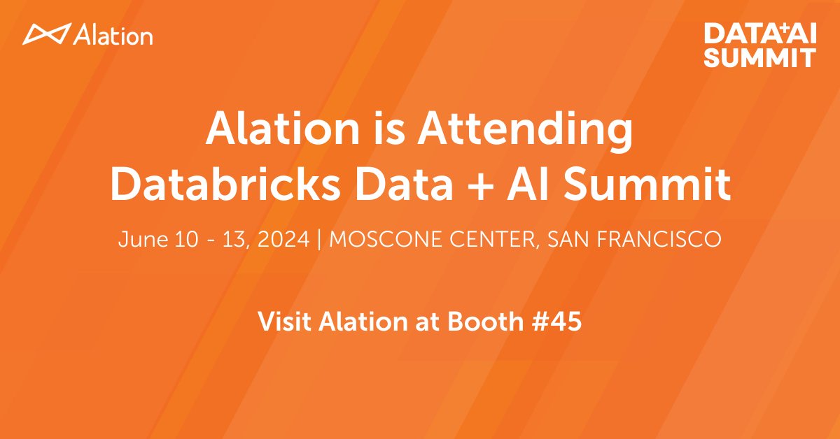 🧱 We're headed to @databricks' #DataAISummit! Catch us at booth 45 and don't miss our session with @swooledge and @kroger/@8451group. You will learn how Alation helps Kroger deliver data products in a data mesh at Kroger alation.com/events/databri… See you in SF! 👋