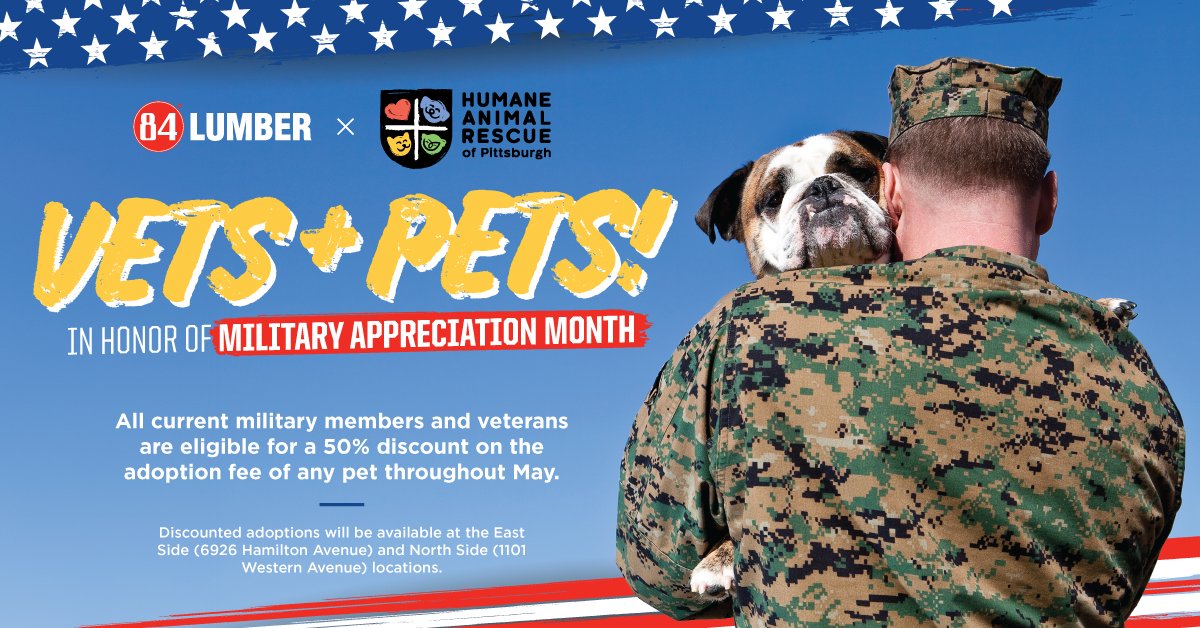 🐾 Throughout Military Appreciation Month, join us for 'Vets & Pets' with @HARPSavesLives. All current #militarymembers and #veterans can enjoy a 50% discount on adult pet adoptions at HARP. 🐶🐱 ➡️ bit.ly/3oUy5Dz