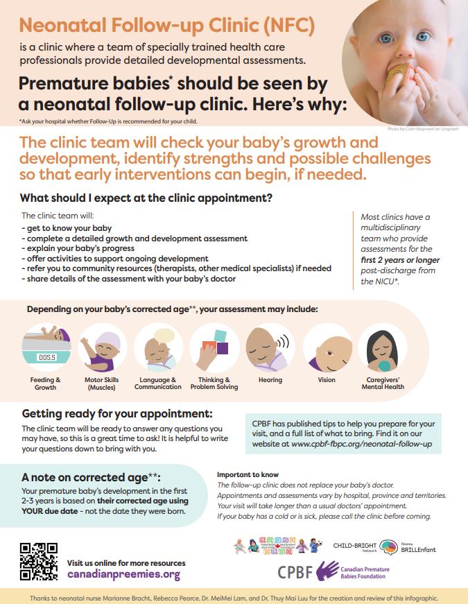 A Neonatal Follow Up Clinic offers specialized support for preterm babies, monitoring milestones and assessing development. In collaboration with @CNFUN_RCSN, CPBF provides educational materials for families. Access our free infographic, also in French cpbf-fbpc.org/neonatal-follo…