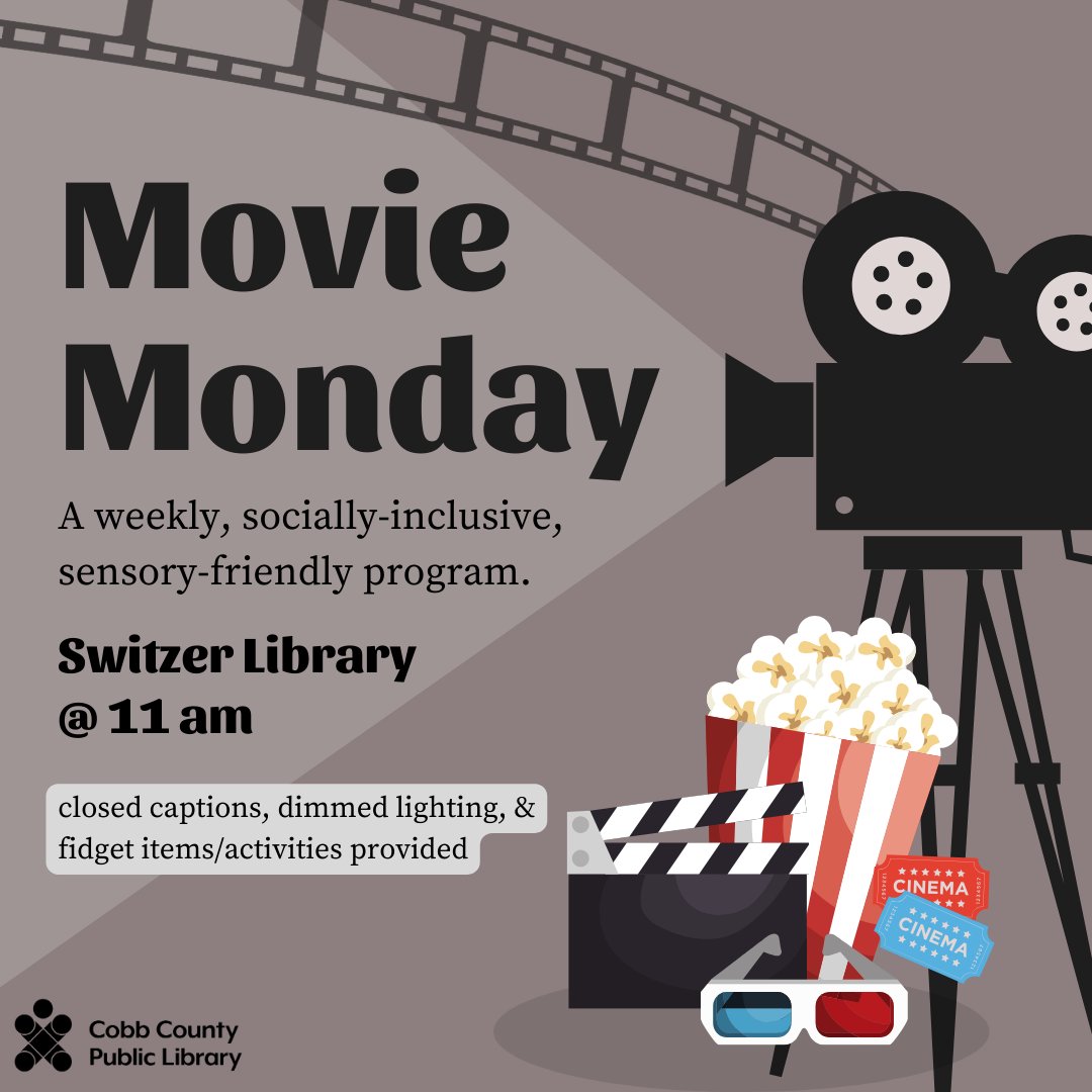 cobblibrary's tweet image. Bring your bagged lunch or snacks and join us for a movie. This is a sensory-friendly movie event: lights will be dimmed, closed captions will be displayed, and movement and talking is welcomed!

#SwitzerLibrary | Mons | 11 am