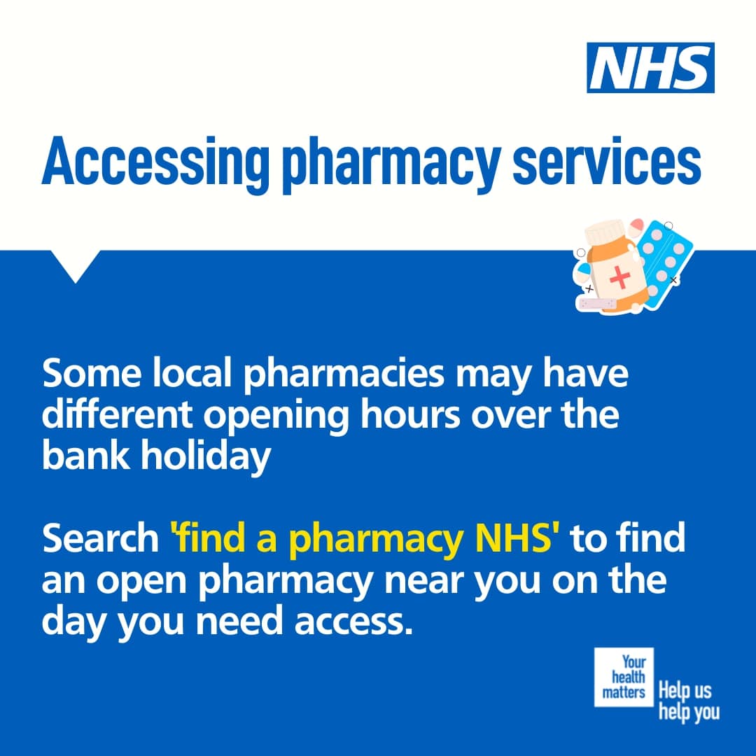 Whether it’s a cough or cold, hay fever or earache, for expert advice speak to your pharmacist this Bank Holiday👩‍⚕️ Your local pharmacy may have different opening hours this weekend, so be sure to check the NHS website before you set off👇 orlo.uk/McJat