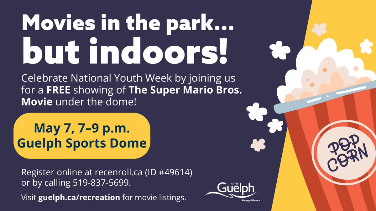 You’re invited! Join us at the Guelph Sports Dome to watch the Super Mario Bros movie for FREE on May 7. Register at ow.ly/QJ4t50Rk88K #NationalYouthWeek