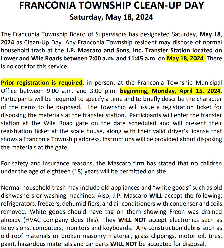 Mark your calendar. #Franconia Clean-Up Day is Saturday, May 18. 
Details: tinyurl.com/5e64hmed