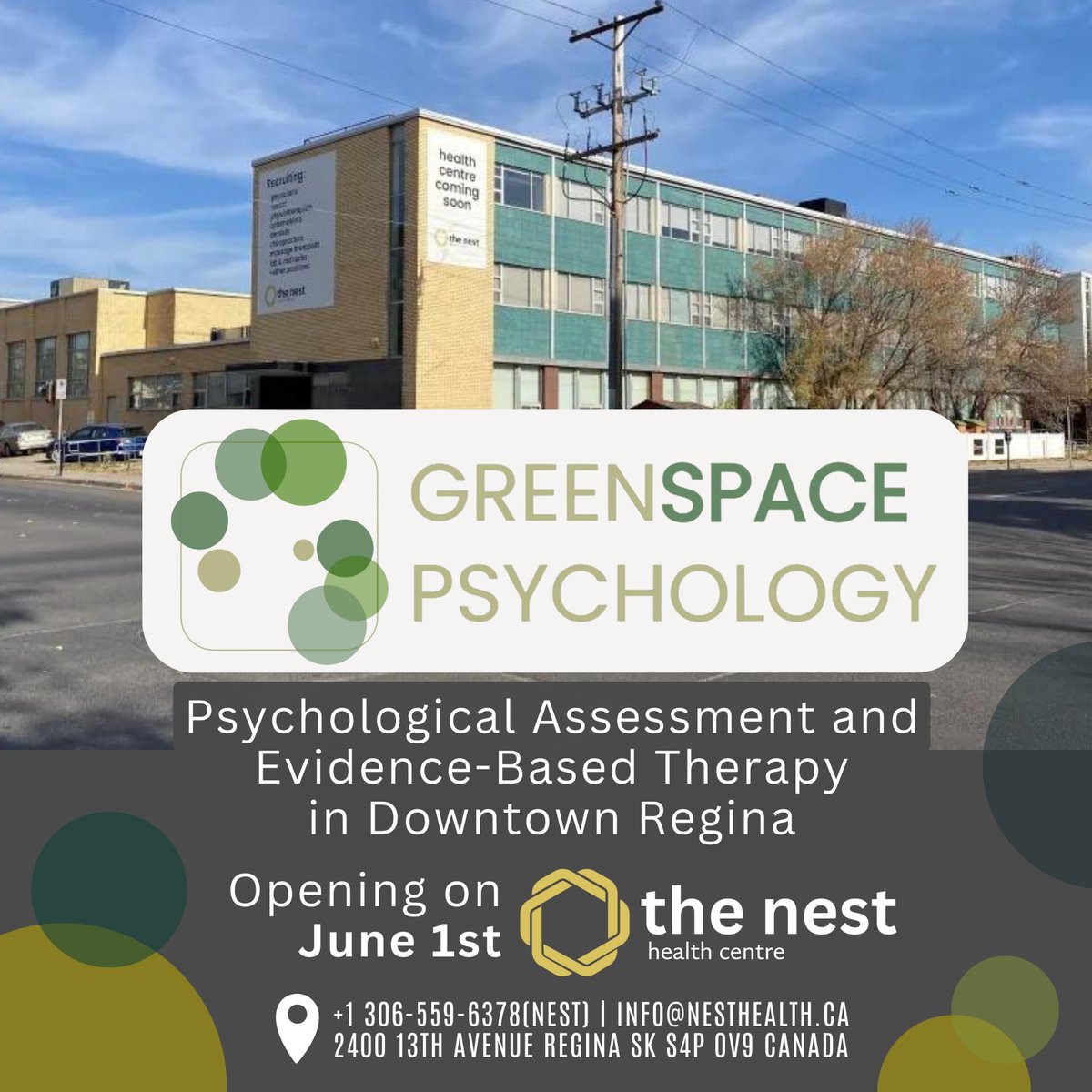 🌟 Exciting News Alert! 🌟 We're thrilled to announce that Greenspace Psychology is expanding its reach and opening a brand new clinic right here at The Nest Health Centre starting June 1st!