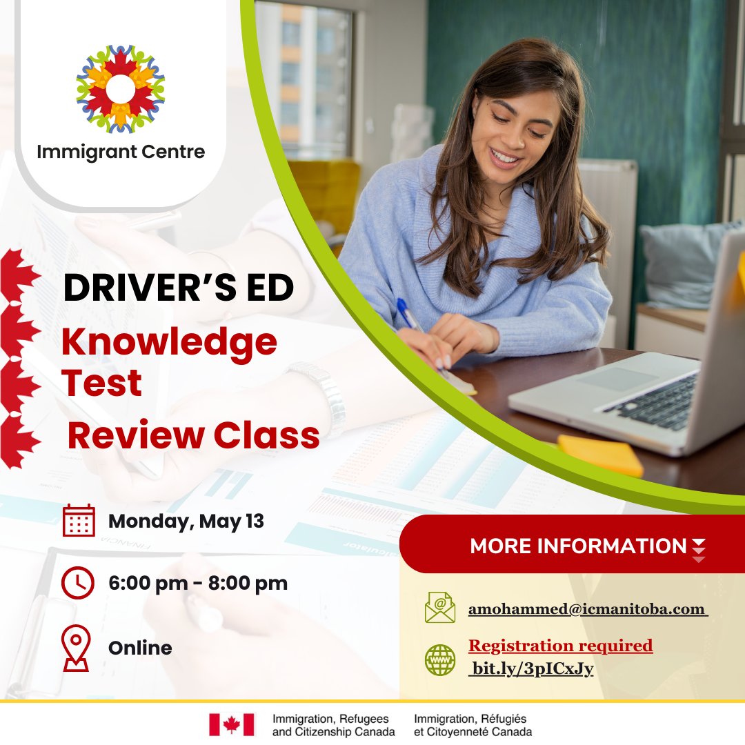 🚗 Attention all aspiring drivers! 🚨 Time is ticking! #ImmigrantCentre's Volunteer Services is hosting a FREE Driver's Ed Knowledge Test. 🚦
Reserve your seat: ow.ly/soHb50RojWn 
#DriveSafe #DriversInTraining #LearningToDrive #DriverTraining