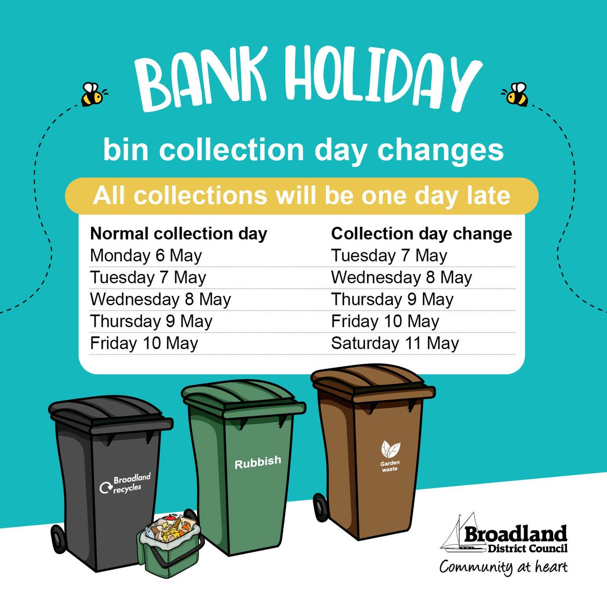 Rubbish, recycling, food waste and garden waste collections will be one day late next week due to the bank holiday. Please check the schedule for your collection day changes 👇 Keep up to date with your collections by downloading the Bin Collections app: ow.ly/Iu8z50RsfWJ