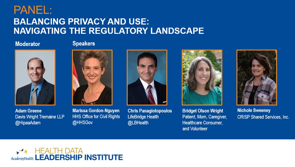 See you at 'Balancing Privacy and Use: Navigating the Regulatory Landscape' at the Health Data Leadership Institute next week. Learn more: academyhealth.org/Institute