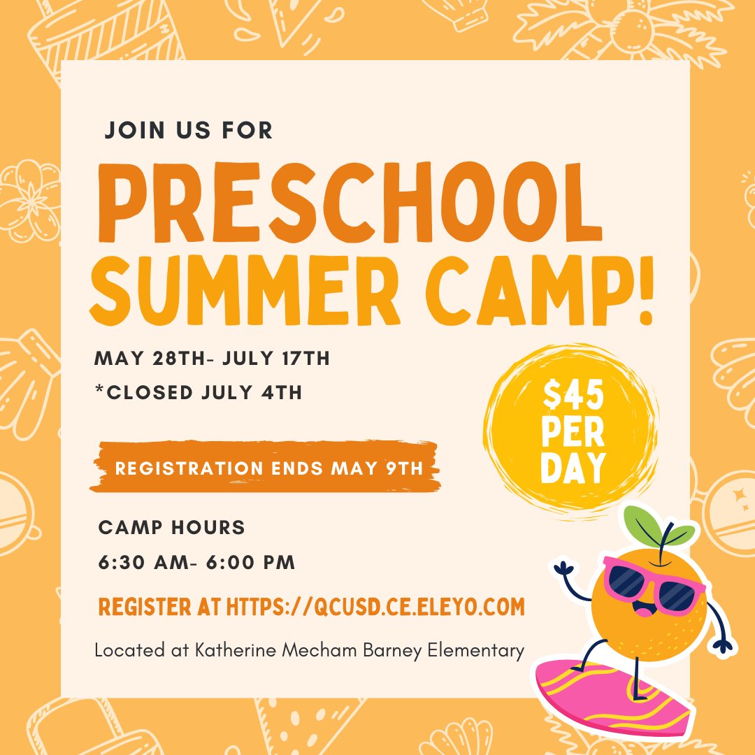 🌞 Dive into summer fun with Preschool Summer Camp! 🎨🏀 Registration closes on May 9th, so don't miss out! 📅 Secure your spot now at qcusd.ce.eleyo.com and let the summer adventures begin! 🏕️🎉 #qcleads
