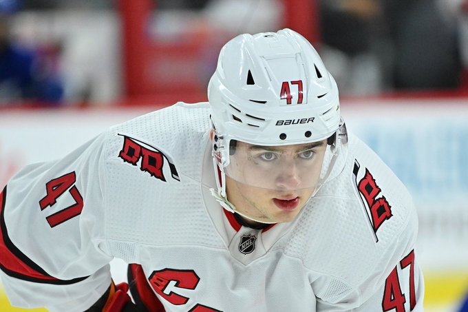 Alexander Pashin stands ready before a faceoff during the 2022 Prospects Showcase at PNC Arena.