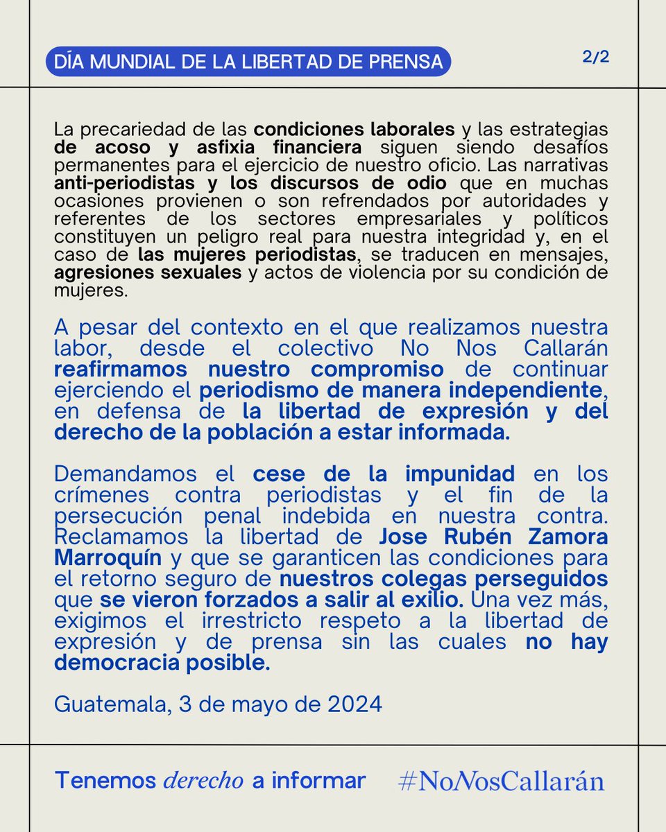 En este #DíaMundialLibertadDePrensa, mi papá, el periodista José Rubén Zamora, lleva 644 días encerrado injustamente sin juicio. Pero ningún obstáculo puede silenciar nuestra búsqueda de la verdad, ni la dedicación de mi padre al periodismo y la libertad de prensa.