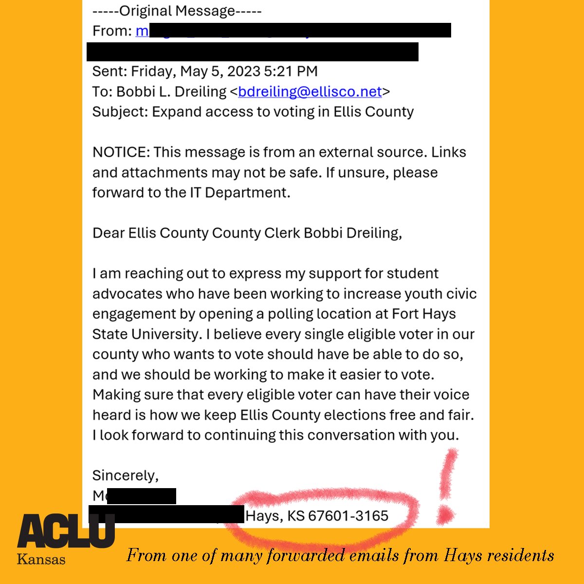 We know that many of the 500 people who signed the petition for a polling location at FHSU were surprised to see Ms. Dreiling say she had not heard from you, residents and taxpayers of Hays - so email her again at bdreiling@ellisco.net.