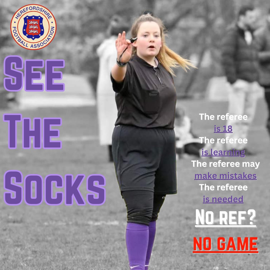 ⚽See The Socks ⚽ ⚠️If you're watching or taking part in Grassroots Football around Herefordshire and spot a Referee wearing their purple socks, lets show them patience and respect!⚠️ We all have a role to play in Safeguarding of U18s