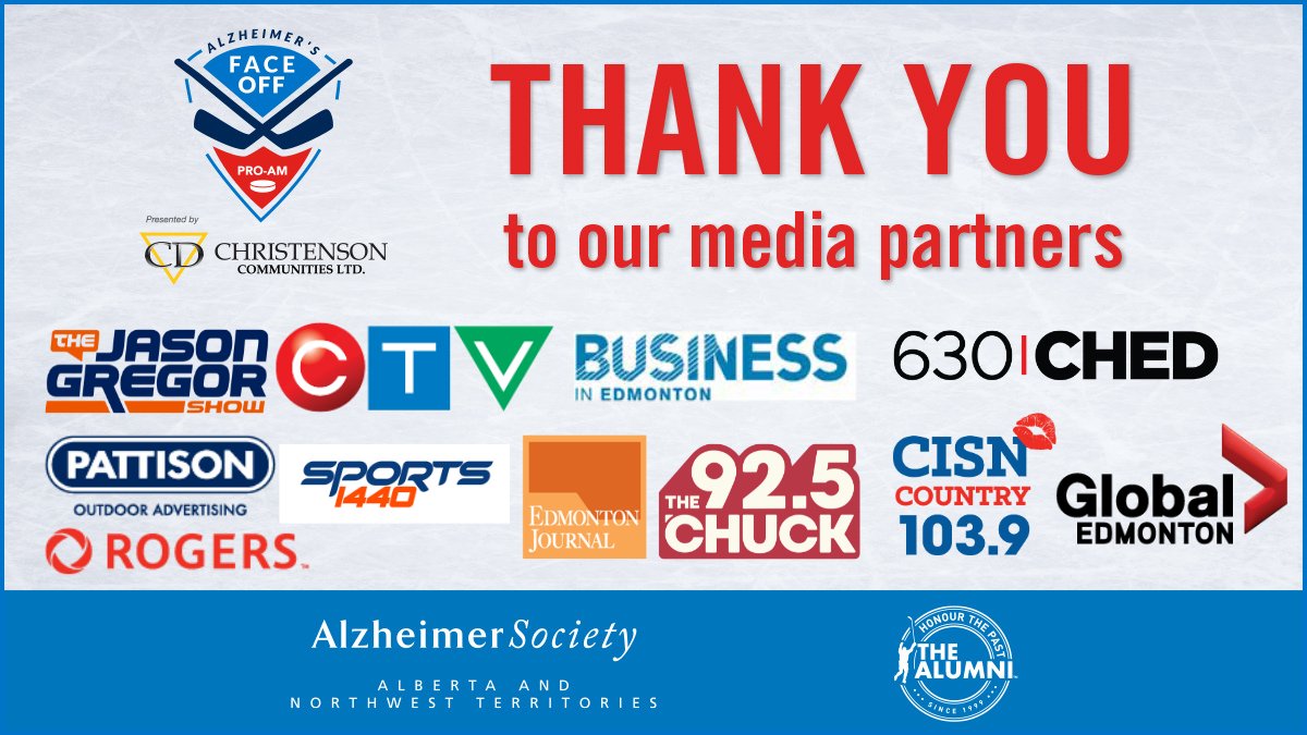 Thank you Media sponsors! The #alzfaceoff2024 was a huge success and we couldn't have done it without you. 
@JasonGregor @630CHED @pattisonoutdoor @sports1440 @edmontonjournal @Rogers @ctvedmonton @BusInEdmonton @CISNCountry @GlobalEdmonton @chuck925 @NHLAlumni
#helpfordementia