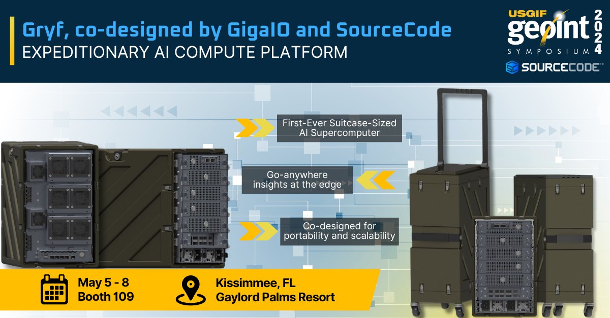 Gryf, co-designed by GigaIO & SourceCode, is making its debut at GEOINT Symposium booth 109! 

Gryf delivers AI supercomputing capabilities in a suitcase-sized form factor for fast deployment & flexible configurations under tough conditions.

Learn More: ow.ly/G9fm50Rw2F0