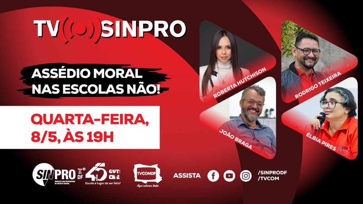 tvcomdf's tweet image. O TV Sinpro do dia 8 de maio, vem pra fortalecer a campanha do Sinpro contra o assédio moral. Com o tema "Assédio Moral nas Escolas Não!", o programa vai trazer informações sobre como prevenir, combater e se proteger das situações de assédio.
#sinprodf