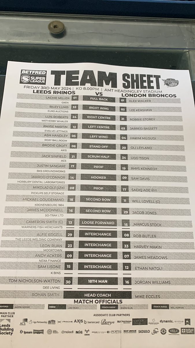 Big news is Jack Sinfield starts at half-back. Personally like Sinfield, glad he’s getting a shot. O’Connor also comes in for Ackers, who drops to the bench. #SLLEELON #SuperLeague @RhinosFaithful