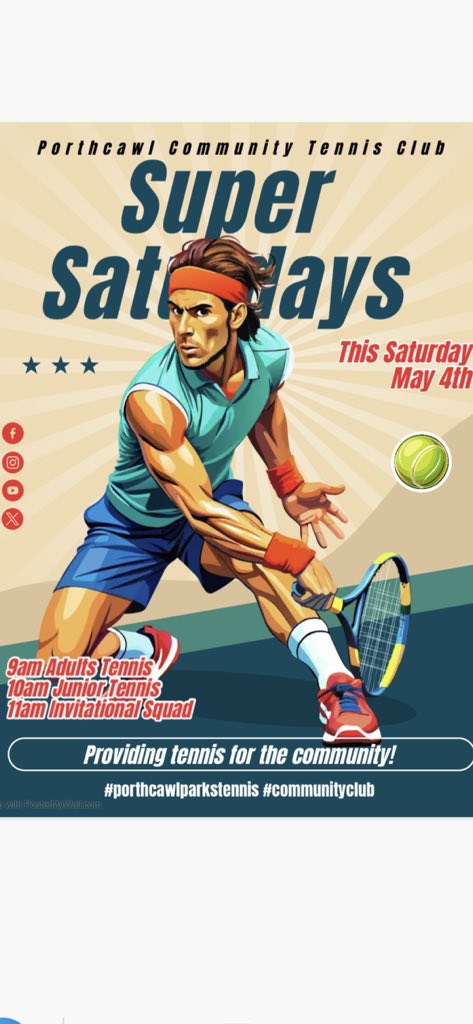 Super Saturdays At Porthcawl Community Tennis Club,This Saturday May 4th🎾 9am Adults Social Tennis 10am Junior Tennis 11am Invitational Squad #porthcawlparkstennis