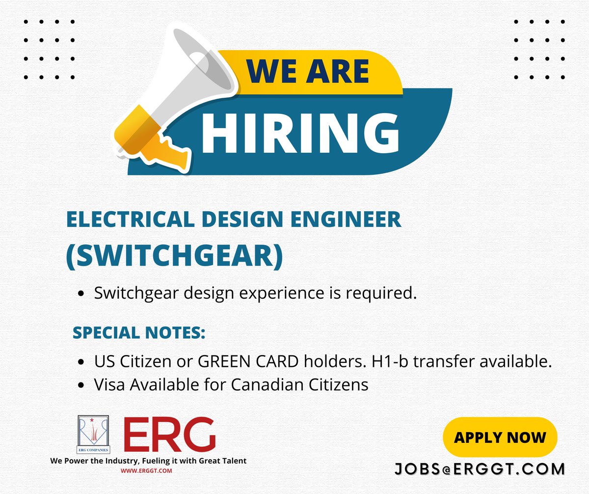 GlobalErg's tweet image. Job Title: Electrical Design Engineer - Switchgear

Send your resume to JOBS@ERGGT.COM

#switchgear #switchgeardesign #designer #engineer #electrical #electricalengineer #electricaldesign #electricaldesigner