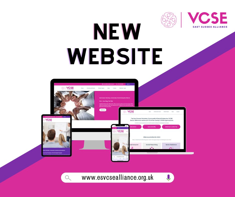 Have you seen the new East Sussex VCSE Alliance website? 

Last month, the Alliance launched its own brand-new website, sharing their latest news and information. 

Check out the new website and what they are currently up to here: esvcsealliance.org.uk