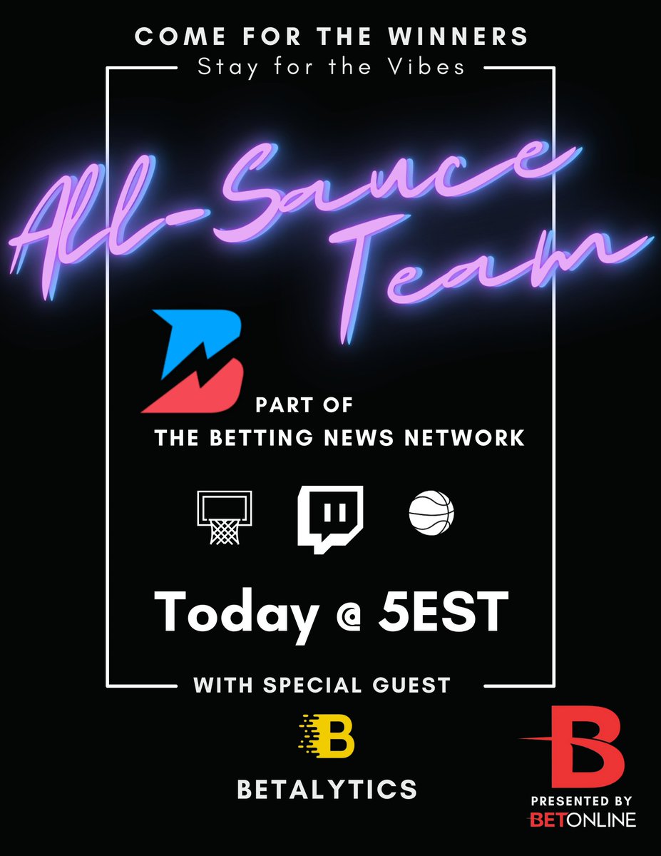 It's Friday...You know what that means😏 ALL-SAUCE TEAM🍹🏀 #NBAPlayoffs Bets & Vibes Powered by @BetOnline_ag Special Guest @BetalyticsInc 🎙️@sweatpantjesus @vsaaauce @JustSukh ⌚️5:00 EST 📺twitch.tv/bettingnews See you there 😏👇🏽