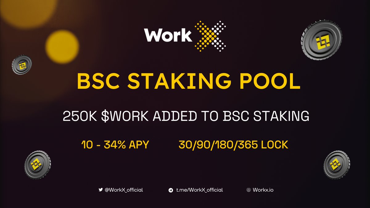 💰 NEW $WORK STAKING POOL 💰 ➕ We have added 250K $WORK to the BNB Staking Pools 🔥 After many requests a brand new 365 day pool has been added ⏳ Stake now before the pool is filled again! 📈 10% - 34% APY 🔒 30/90/180/365 days lock 🔗 bsc-stake.workx.io