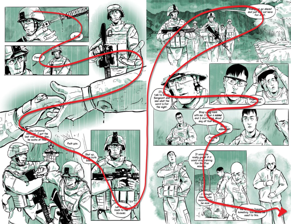 In illustrating comics, it's important to plan your layout with the reader's eye in mind. People tend to read comics from speech bubble to bubble, so arrange them to scan over your artwork and flow gracefully to the next. Always top-to-bottom, left-to-right.