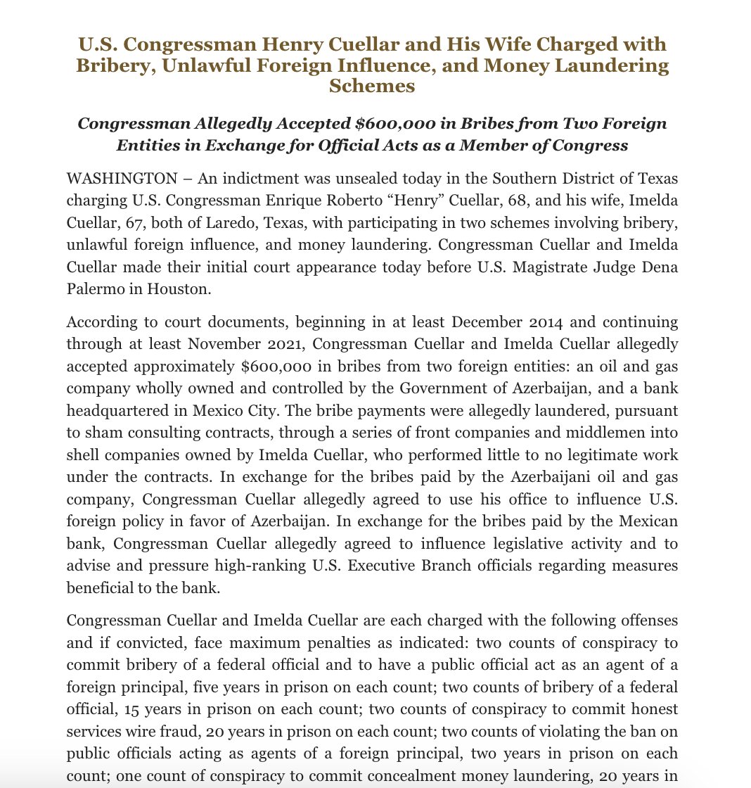 JUST IN: Prosecutors have charged Rep. Cuellar and his wife with accepting $600,000 in foreign bribes and money laundering. They face long prison terms if convicted.