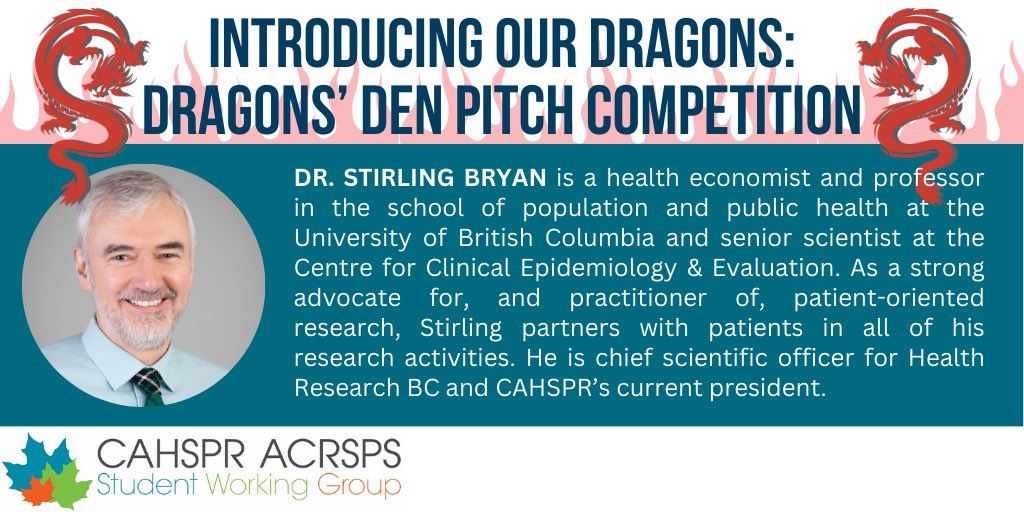 CAHSPR Student Working Group (@cahsprswg) on Twitter photo 🐲🐉 Announcing our Dragons!! 🐲🐉
We’re so excited to introduce you to our three amazing judges for the Dragons’ Den Pitch Competition at #CAHSPR24. First up we have <a href="/CAHSPR/">CAHSPR</a> president himself <a href="/StirlingBryan/">Stirling Bryan</a>, professor <a href="/ubcspph/">UBC's School of Population and Public Health</a> and chief scientific officer <a href="/HlthResearchBC/">Michael Smith Health Research BC</a> 🔥🔥 🐲🐉 Announcing our Dragons!! 🐲🐉
We’re so excited to introduce you to our three amazing judges for the Dragons’ Den Pitch Competition at #CAHSPR24. First up we have <a href="/CAHSPR/">CAHSPR</a> president himself <a href="/StirlingBryan/">Stirling Bryan</a>, professor <a href="/ubcspph/">UBC's School of Population and Public Health</a> and chief scientific officer <a href="/HlthResearchBC/">Michael Smith Health Research BC</a> 🔥🔥