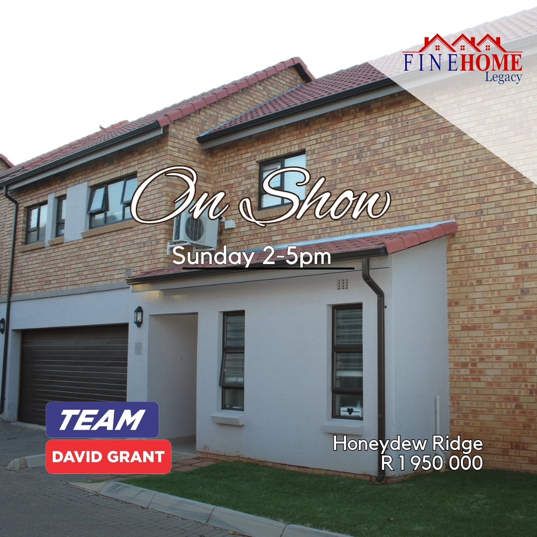 On show
This Sunday 2-5pm

#Allensnek (Freehold) 
Reduced from R 1.749 mill to R 1.695 mill 

#HoneydewRidge (Townhouse) 
R 1.950 mill

Contact David for more info ☎️ 0824559401

#Finehomelegacy
#TeamDavidGrant
#Property
#Realestate
#Onshow