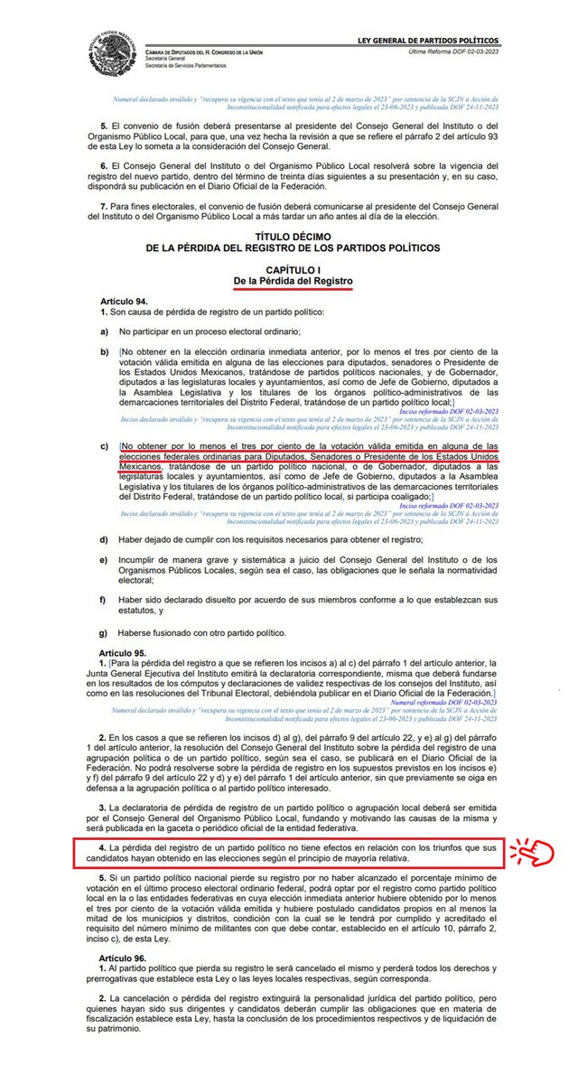 22/25 PÉRDIDA DE REGISTRO La PdeR de un PP, no tiene efectos en relación con los triunfos que sus candidatos hayan obtenido en las elecciones según el PRINCIPIO DE MAYORÍA RELATIVA. Un candidato electo SÍ PUEDE EJERCER SU CARGO no obstante su PP haya perdido el registro.