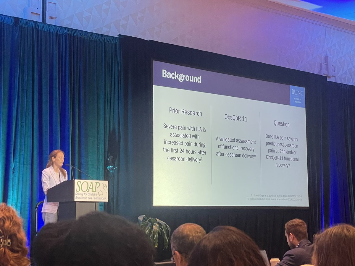 Now in #GertieMarx we have Dr. Erin Dengler presenting local anesthesia pain severity as a predictor of @ObsQor and pain after #cesarean #SOAPAM2024 @UNC_OB_Anes @bensc787 #OBAnes