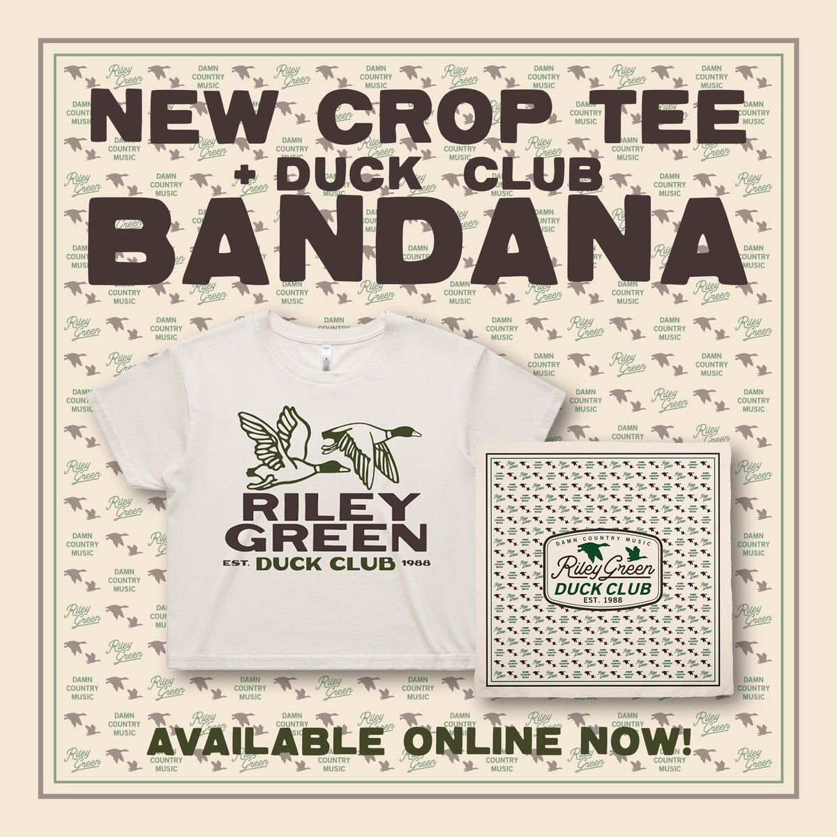 New Duck Club merch just dropped! 🦆 Check out the new crop tee and bandana here: rileygreen.merchmadeeasy.com