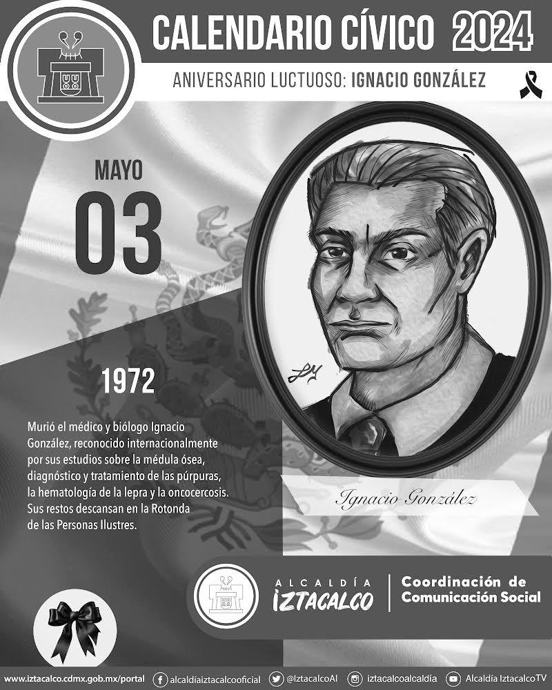 Murió el médico y biólogo Ignacio González, reconocido internacionalmente por sus estudios sobre la médula ósea, diagnóstico y tratamiento de las púrpuras, la hematología de la lepra y la oncocercosis. Sus restos descansan en la Rotonda de las Personas Ilustres.