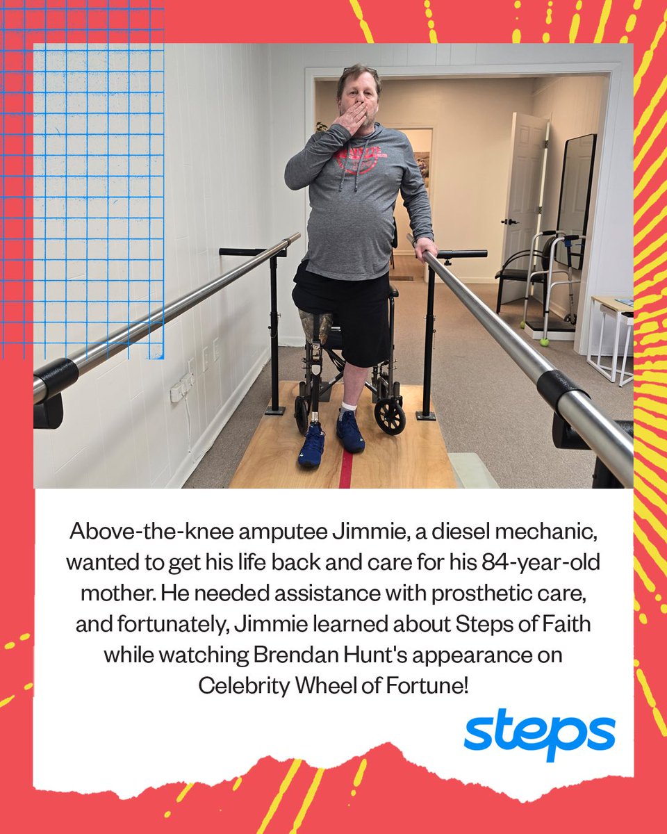 Above-the-knee amputee Jimmie, a diesel mechanic, wanted to get his life back and care for his 84-year-old mother. He needed assistance with prosthetic care, and fortunately, Jimmie learned about Steps of Faith while watching Brendan Hunt's appearance on @celebritywof!