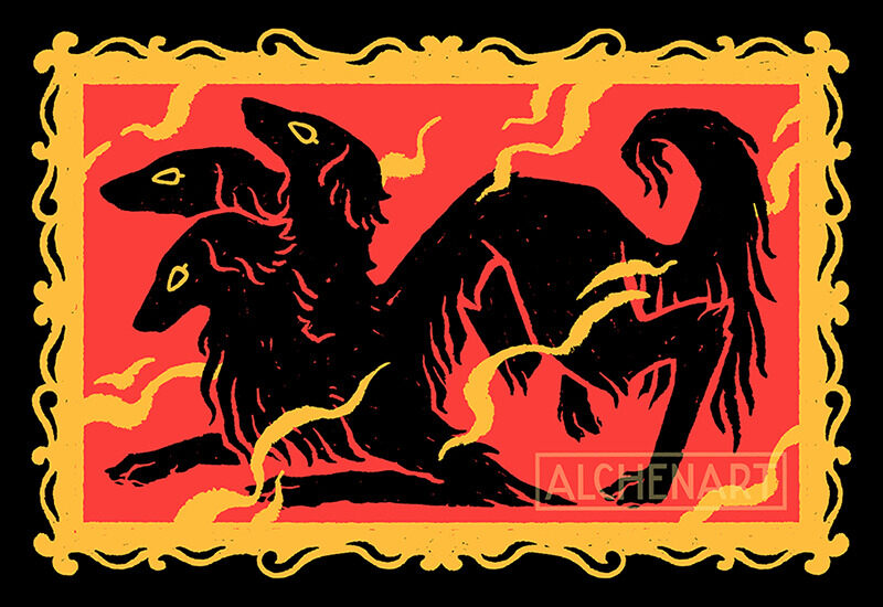 Illustration of a black borzoi cerberus within a golden decorative frame. The background within the frame is red, and gold cloud-like streamers cross over the cerberus’ body. Work by by alchenart.