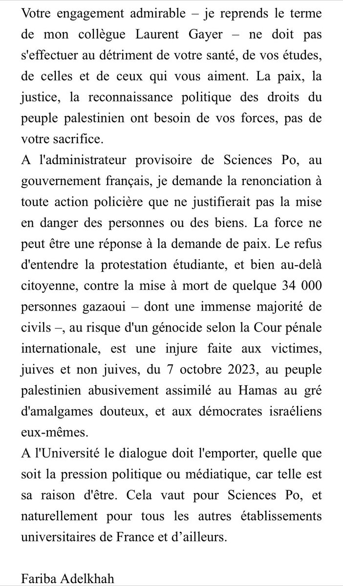 Un texte très fort de la sociologue Fariba Adelkhah (@CERI_SciencesPo) qui s’adresse aux étudiant·es de @sciencespo en grève de la faim. Must read.
