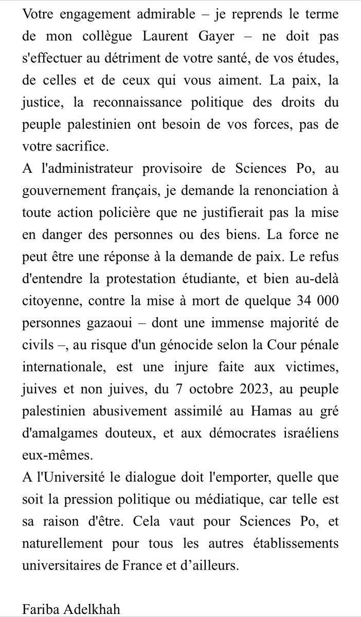 Sylvain Bourmeau (@bourmeau) on Twitter photo Un texte très fort de la sociologue Fariba Adelkhah (<a href="/CERI_SciencesPo/">CERI Sciences Po</a>) qui s’adresse aux étudiant·es de <a href="/sciencespo/">Sciences Po</a> en grève de la faim. Must read. Un texte très fort de la sociologue Fariba Adelkhah (<a href="/CERI_SciencesPo/">CERI Sciences Po</a>) qui s’adresse aux étudiant·es de <a href="/sciencespo/">Sciences Po</a> en grève de la faim. Must read.