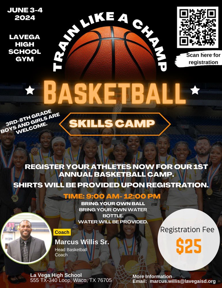 Come Train Like A Champ With Champs 🏆🏆

Join us for our 1st Annual “Train Like A Champ Basketball Skills Camp” 🏀🔥

Boys and Girls 3rd-8th Grade are Welcome! June 3rd and 4th, 9am-12pm Daily! 

Scan the QR code to register. Limited Spots available!
