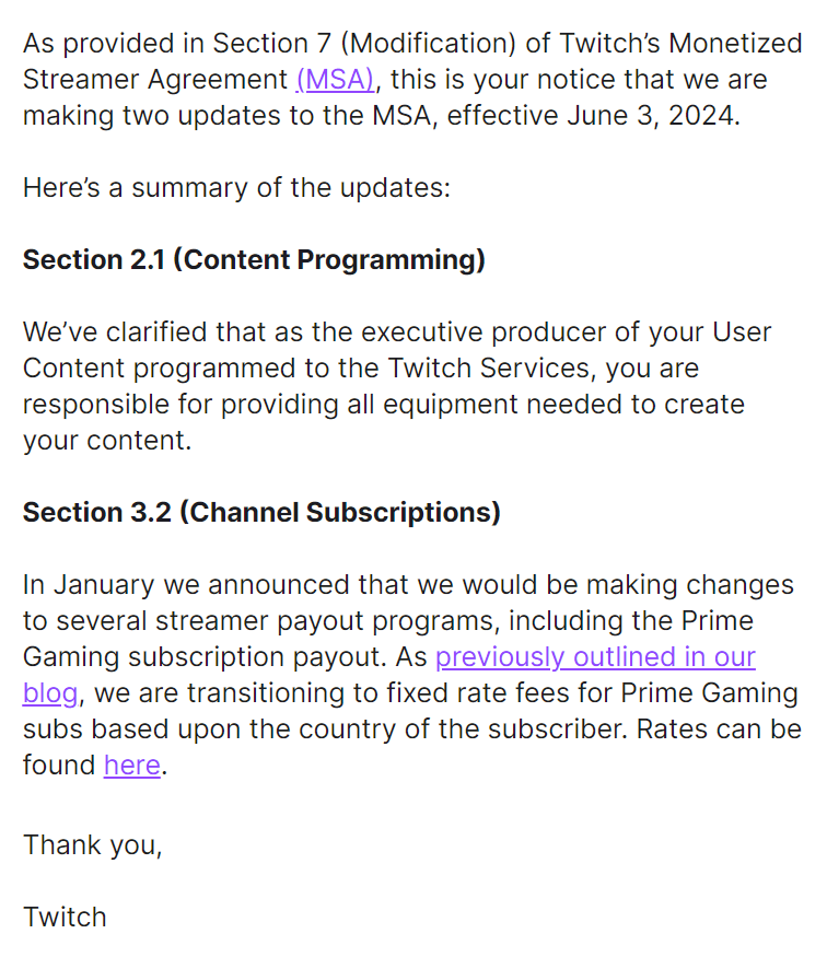 Twitch is emailing/notifying creators about upcoming changes to the Monetized Streamer Agreement. According to my documentation, they haven't made any changes yet to the agreement, they're simply announcing upcoming changes to it. twitch.tv/p/en/legal/mon… #TwitchNews #TOSgg