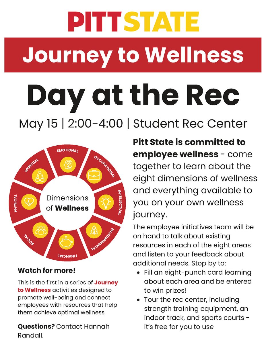 🚨 ATTENTION PITT STATE EMPLOYEES 🚨  Next Wednesday we will be having a Journey to Wellness Day at the Rec! Stop by between 2:00 - 4:00 to learn about the eight dimensions of wellness and have a chance to win prizes! #campusrec #campuslife #pittstaterec #OAGAAG #PSU